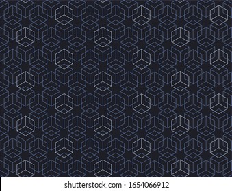 Seamless pattern with 3d geometric effect. Optical illusion effect. Pale blue cubic outline element on indigo background, for fabric,T-shirt,textile,wrapping cloth,silk scarf,bandana,swimwear.