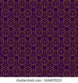 Seamless pattern with 3d geometric effect. Optical illusion effect. Gold cubic outline element on dark purple background, for fabric,T-shirt,textile,wrapping cloth,silk scarf,bandana,swimwear.