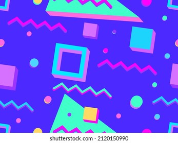 Seamless pattern with 3d geometric shapes in the style of the 80s. Background with colorful geometric shapes. Design of promotional products, wrapping paper and printing. Vector illustration