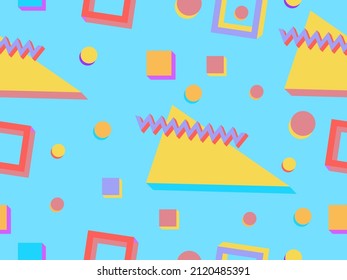 Seamless pattern with 3d geometric shapes in the style of the 80s. Background with colorful geometric shapes. Design of promotional products, wrapping paper and printing. Vector illustration