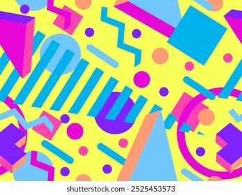 Padrão contínuo com formas geométricas 3d em estilo memphis dos anos 80. Fundo colorido com formas geométricas isométricas. Desenho para papéis de parede, invólucros, capas e banners. Ilustração vetorial