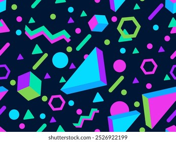 Padrão contínuo com formas geométricas 3d em estilo memphis dos anos 80. Fundo colorido com formas geométricas isométricas. Desenho para papéis de parede, invólucros, capas e banners. Ilustração vetorial