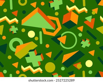 Seamless pattern with 3d geometric shapes in 80s memphis style. Colorful background with isometric geometric shapes. Design for wallpapers, wrappers, covers and banners. Vector illustration