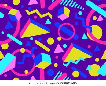 Seamless pattern with 3d geometric shapes in 80s memphis style. Colorful background with isometric geometric shapes. Design for wallpapers, wrappers, covers and banners. Vector illustration