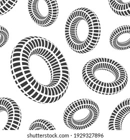 Seamless pattern of 3D geometric striped rounded shapes. Donuts. Black and white colors. Psychedelic optical effect. Stylish minimalistic graphic design. 