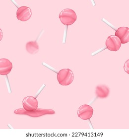 Seamless pattern with 3d glossy candies on a stick, lollipops on pink background. Vector illustration for postcard, icons, poster, banner, web, design, arts, print for packaging, fabrics, wallpapers