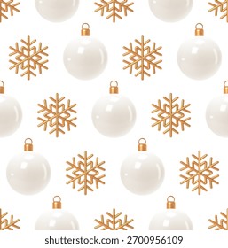 Seamless Pattern of 3D Golden Snowflakes and Glossy White Christmas Ornaments. Elegant Minimalist Holiday Background for Winter Celebrations and Festive Designs.