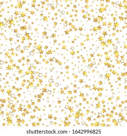 Estrellas doradas 3D sin inconvenientes vuelan. Estrellas de oro confetti. Cae estrellada aleatoria sin problemas. Pequeño y lujoso estelar al azar sobre fondo blanco. Año Nuevo, antecedentes de Navidad. Vector