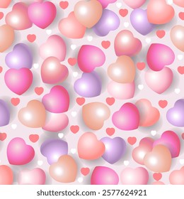 Seamless pattern with 3D hearts in delicate shades.Valentine's Day, Mother's Day, anniversary, wedding.