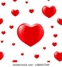 Seamless pattern of 3d hearts isolated on white. Vector love background. Valentines day design
