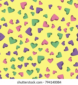 Seamless pattern of 3D hearts in pastel shades of pink, lilac and green on a light yellow background.