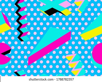 Seamless pattern 3d isometric geometric shapes in memphis style 80s. Background for promotional products, wrapping paper and printing. Vector illustration