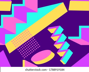 Seamless pattern 3d isometric geometric shapes in memphis style 80s. Background for promotional products, wrapping paper and printing. Vector illustration