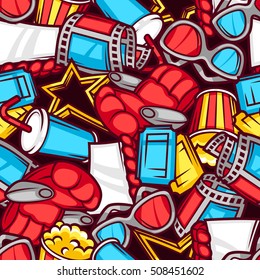 Seamless pattern of 3d movie elements and cinema objects in cartoon style.