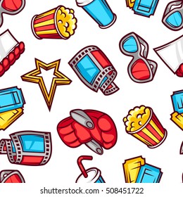 Seamless pattern of 3d movie elements and cinema objects in cartoon style.