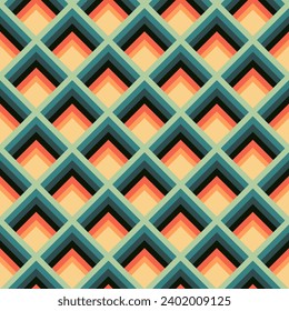 Seamless pattern with 3D optical illusion effect. Abstraction in retro style in green, blue and orange shades. For retro design, web design, background, textiles, covers, packaging.Vector illustration