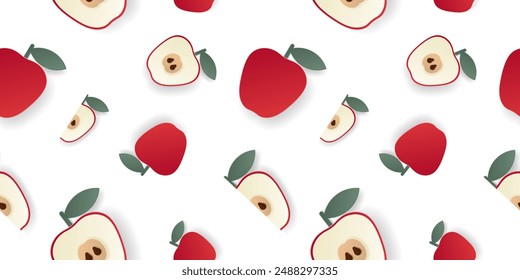 Seamless pattern 3d papercut apple sliced cutout pome fruit. Summer layered fruits for restaurant, food, drinks, bars, recipes, summer, sweets, vegan, social media, presentation design.