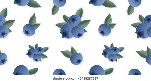 Seamless pattern 3d papercut blueberry cutout berry fruit. Summer layered fruits for restaurant, food, drinks, bars, recipes, summer, sweets, vegan, social media, presentation design.
