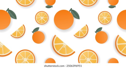 Patrón sin fisuras 3d papercut rebanado de fruta naranja. Verano recorte de frutas en capas para restaurante, comida, bebidas, bares, recetas, verano, dulces, vegano, redes sociales, diseño de presentación.