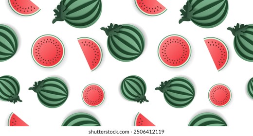 Seamless pattern 3d papercut watermelon sliced cutout fruit. Summer layered fruits for restaurant, food, drinks, bars, recipes, summer, sweets, vegan, social media, presentation design.