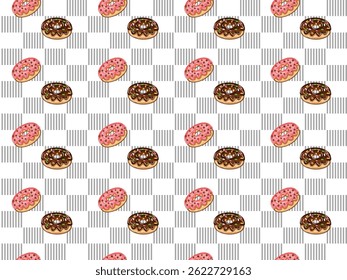 Seamless pattern 3D pink and chocolate  donuts with gingham pattern background for wallpaper, paper wrap, fabric, clothes, handkerchief, bandana, and scarf.
