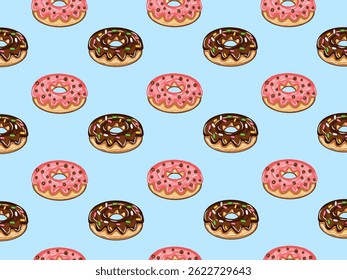 Seamless pattern 3D pink and chocolate  donuts with blue background for wallpaper, paper wrap, fabric, clothes, handkerchief, bandana, and scarf.