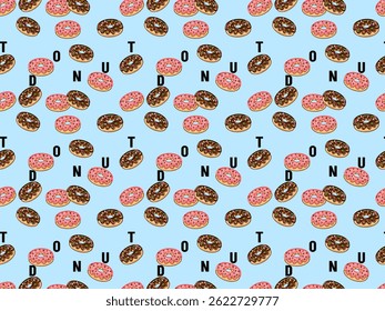 Seamless pattern 3D pink and chocolate donuts with blue background and "DONUT" text for wallpaper, paper wrap, fabric, clothes, handkerchief, bandana, and scarf
