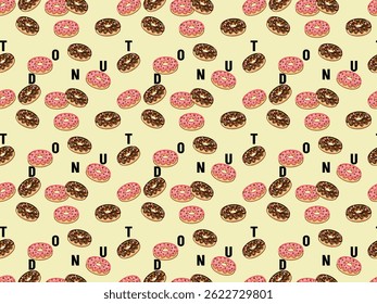 Seamless pattern 3D pink and chocolate donuts with yellow background and "DONUT" text for wallpaper, paper wrap, fabric, clothes, handkerchief, bandana, and scarf