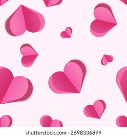 Seamless pattern with 3D pink paper hearts on a light background, for Valentines Day cards, textile prints, wrapping paper, backgrounds, invitations, wallpapers,social media .Vector illustration