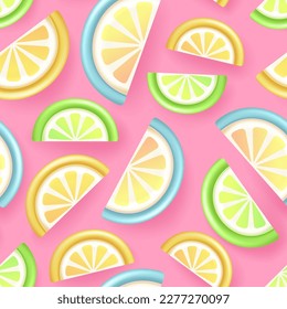 Seamless pattern with 3D plastic tropic fruits. Summer background. Vector illustration