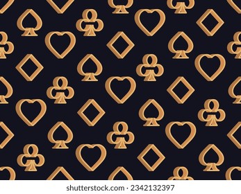 Seamless pattern with 3d playing card suit in art deco style in gold color. Isometric 3D card suits: diamonds, hearts, clubs, spades. Design of printing, advertising and banners. Vector illustration