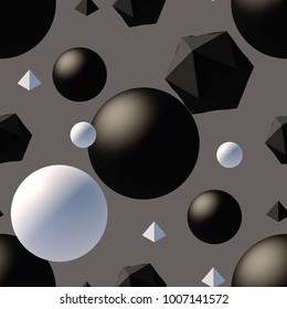 Seamless pattern with 3d primitives. Abstract background with isometric cube, ball, octagon and pyramid. Black and white tileable vector illustration.