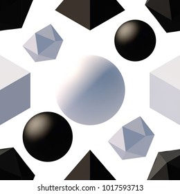Seamless pattern with 3d primitives. Abstract background with isometric cube, ball, octagon and pyramid. Black and white tileable vector illustration.
