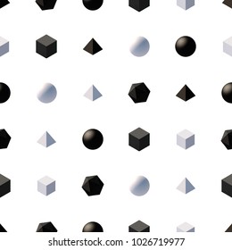 Seamless pattern with 3d primitives. Abstract background with isometric cube, ball, octagon and pyramid. Black and white tileable vector illustration.