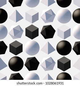 Seamless pattern with 3d primitives. Abstract background with isometric cube, ball, octagon and pyramid. Black and white tileable vector illustration.