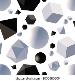 Seamless pattern with 3d primitives. Abstract background with isometric cube, ball, octagon and pyramid. Black and white tileable vector illustration.