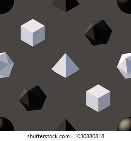 Seamless pattern with 3d primitives. Abstract background with isometric cube, ball, octagon and pyramid. Black and white tileable vector illustration.