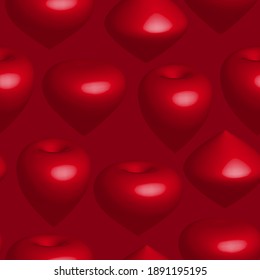 Seamless pattern with 3D red hearts. Vector clipart. Red background.