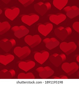 Seamless pattern with 3D red hearts. Vector clipart. Red background.