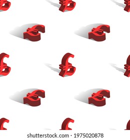 Seamless pattern. 3d red monetary sign of the British pound with shadows in different projections on a white background symmetrically staggered