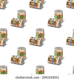 Seamless pattern. 3D rolls of EU banknotes. Paper money of 50 euros twisted with rubber bands on a white background with shadows