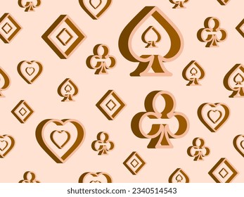 Seamless pattern with 3d suit of playing cards. Isometric 3d card suits: diamonds, hearts, clubs, spades. Design of printing, advertising and banners. Vector illustration