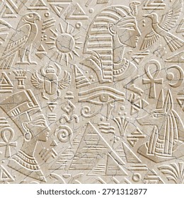 Seamless pattern with 3D textured embossed Ancient Egyptian symbols. Ethnic background with relief emboss pharaoh, Nefertiti, pyramids, and hieroglyphs on a grunge cracked stone texture.