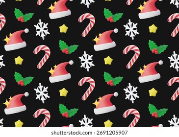 A seamless pattern with 3D vector illustrations on Christmas and New Year's themes. The pattern features a Santa hat, striped candy, Christmas berries, snowflakes, and stars.