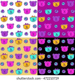 seamless pattern 4 in 1. Cute bear head. colorful children's background: white, beige, pink, purple.