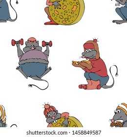 Seamless pattern with 4 mice. Animal symbol of Chinese New Year 2020. Colorful sketch, hand drawing. Trend colors 2019-2020 . Vector illustration