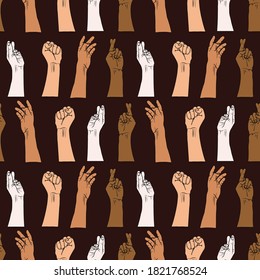Seamless pattern with 4 multi ethnic arms. Hand-drawn, black outline in cartoons style on a dark background. For fabrics, covers, wallpapers and textiles.