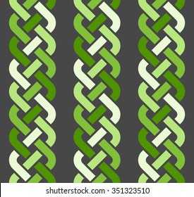 A seamless pattern with 4-strand multicolored vertical braids, vector illustration (gray, dark and light green colors)