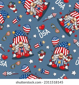 Seamless Pattern 4th of July America Independence With Gnome, I Love USA, Cute Cartoon Illustration