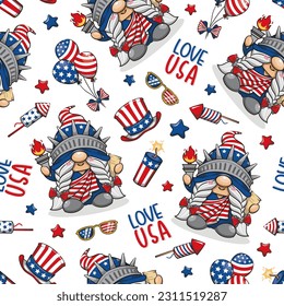 Seamless Pattern 4th of July America Independence With Gnome Liberty, Cute Cartoon Illustration